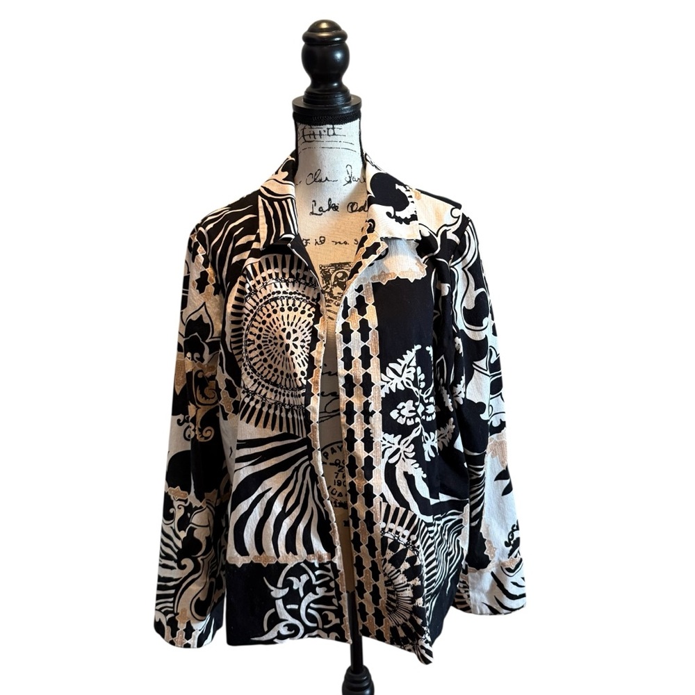 Chico’s Tribal Open Front Blazer Jacket Black Brown White Size 3 XL 16 Office